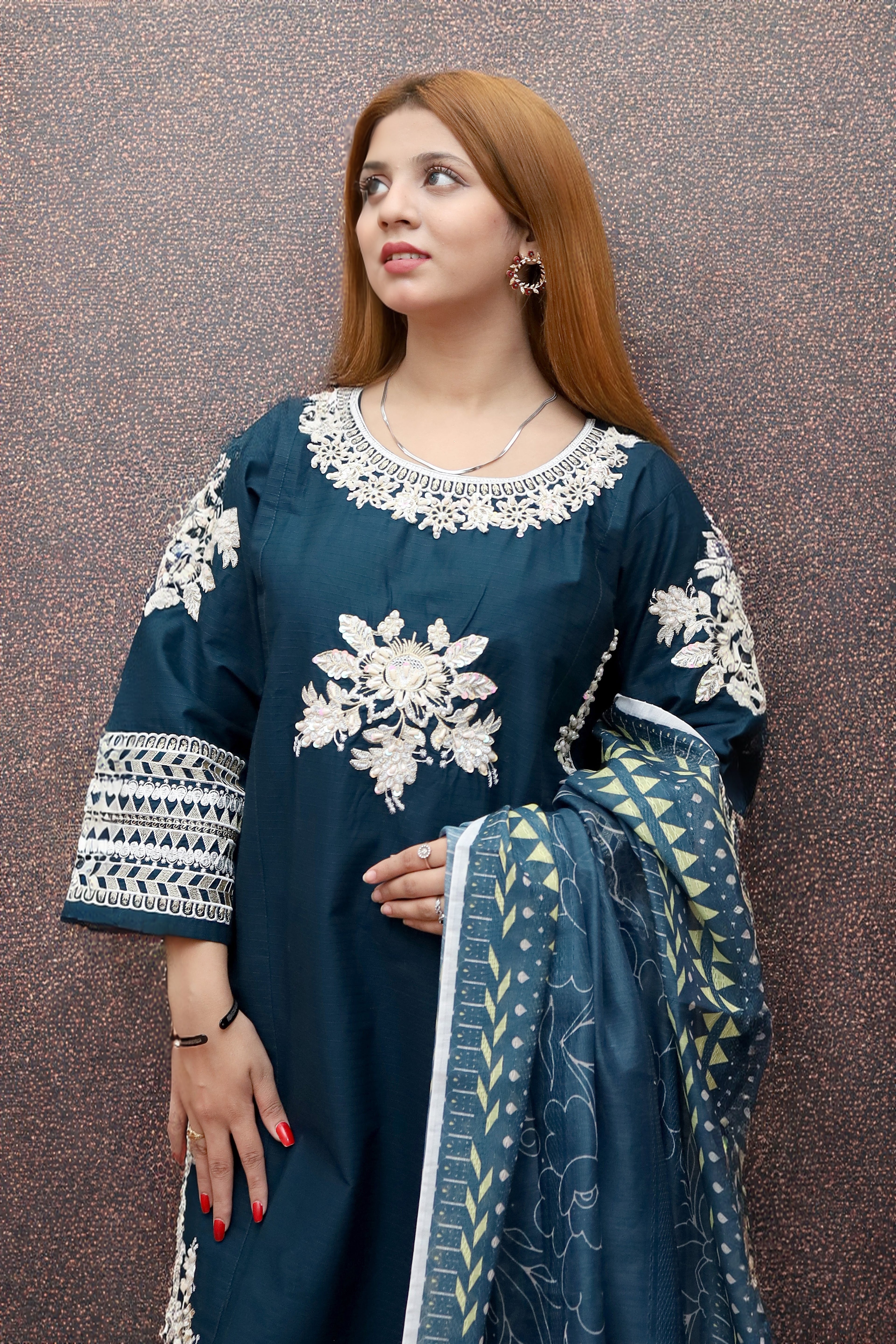 Winter -Deep Teal  - 3Pc Embroidered Dress