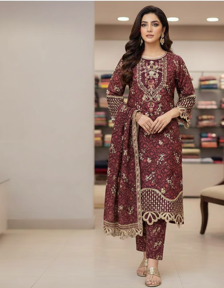 Summer- Vintage Maroon- 3PC- DRESS